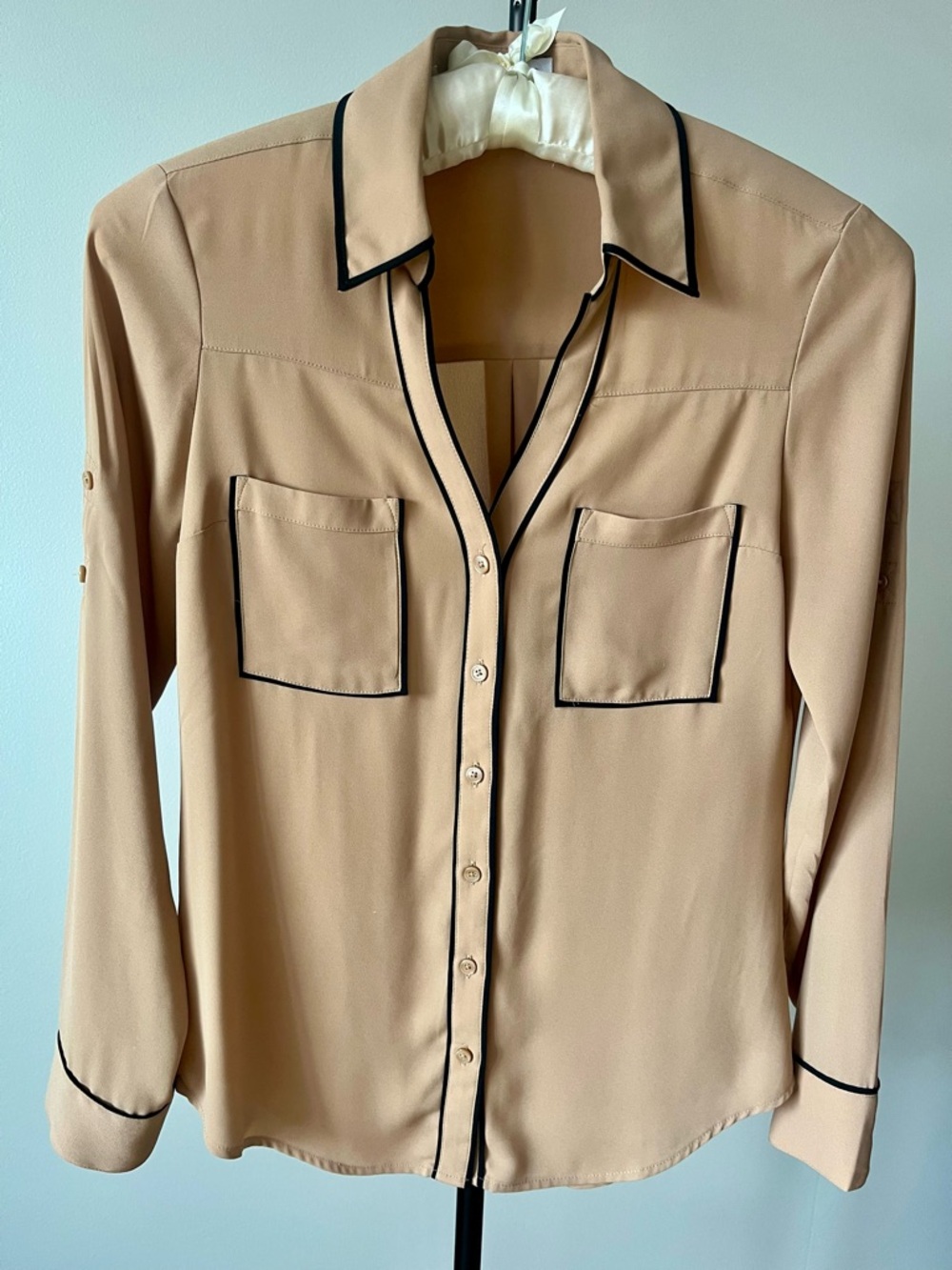 Express Portofino Shirt in Light Tan with Black Trim US XS
